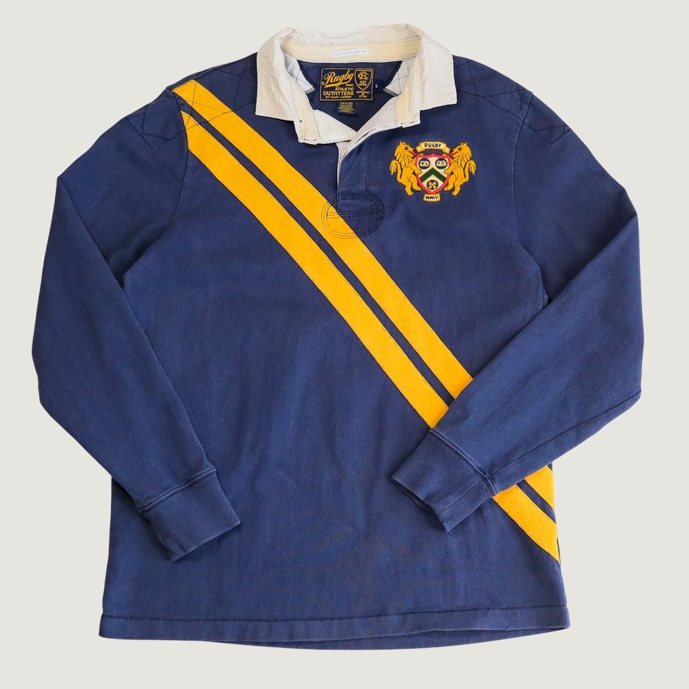 Rugby Ralph Lauren Shirt Mens L Navy Yellow Sash Stripe Lion Crest Quilted LS